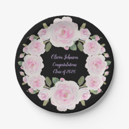 Prato De Papel Custom Name, Pink Roses Paper Plate Baby Shower