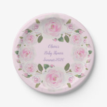 Custom Name, Pink Roses Paper Plate Baby Shower
