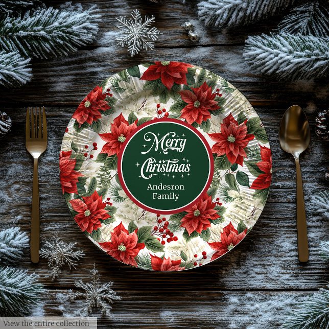 Prato De Papel Custom Name Red Poinsettia Christmas Party Plates  (Custom Name Red Poinsettia Christmas Party Plates )