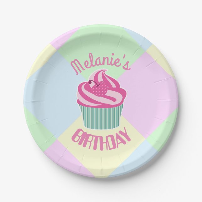 Prato De Papel Custom Pink Birthday Cupcake Personalised (Frente)