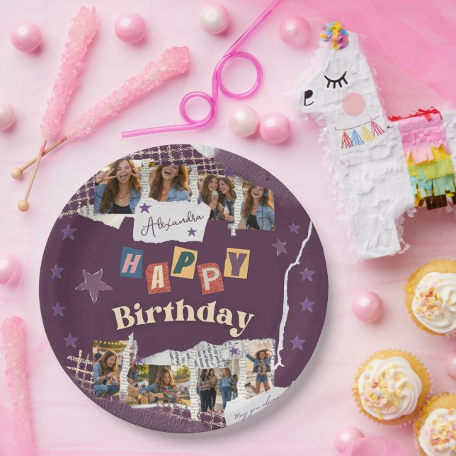 Prato De Papel Custom Purple Sweet 16 Photo Collage (Festa)