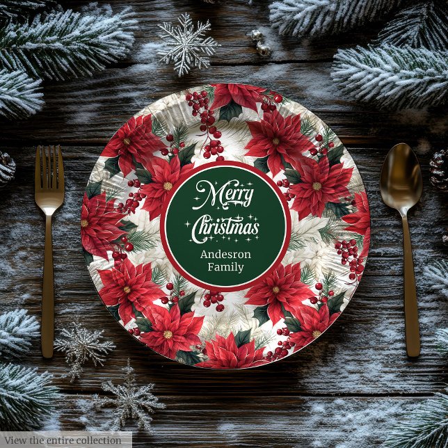 Prato De Papel Custom Red Poinsettia Chic Christmas Paper Plates  (Custom Red Poinsettia Chic Christmas Paper Plates )
