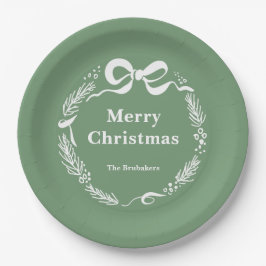 Prato De Papel Custom Sage Modern Hand Drawn Bow Merry Christmas