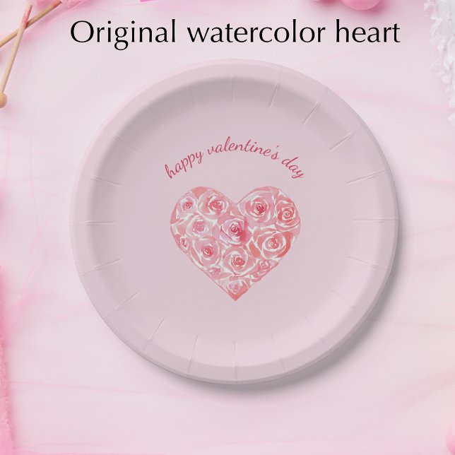 Prato De Papel Custom Watercolor Rose Heart Valentine's Day (Original watercolor heart filled with roses. Blush pink custom Valentines Day plates.
)