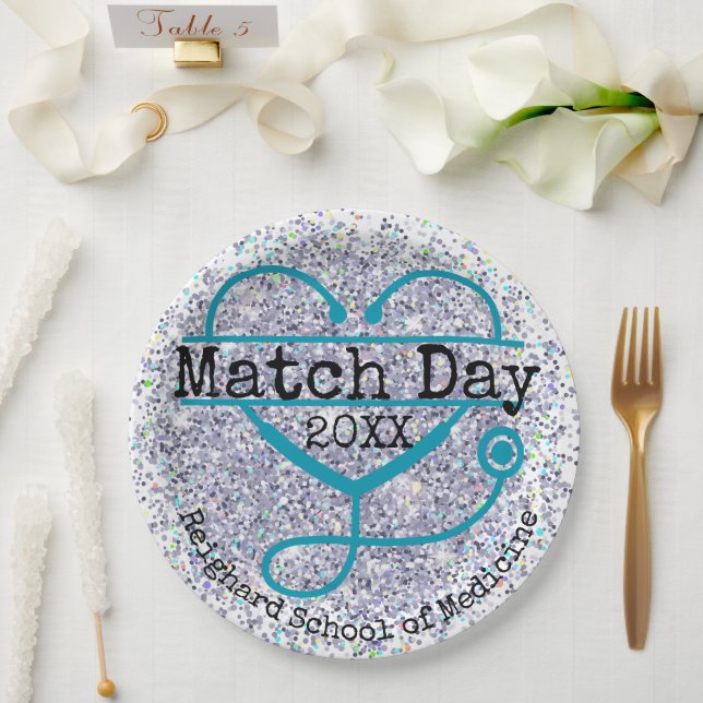 Prato De Papel Custom Year Match Day Blue Glitter Stethoscope (Casamento)