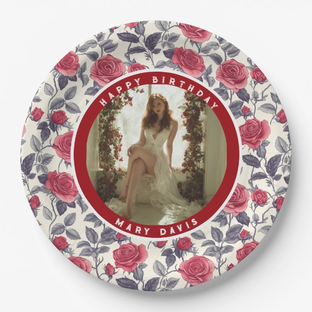 Prato De Papel Customized Rose Flower Birthday (Frente)