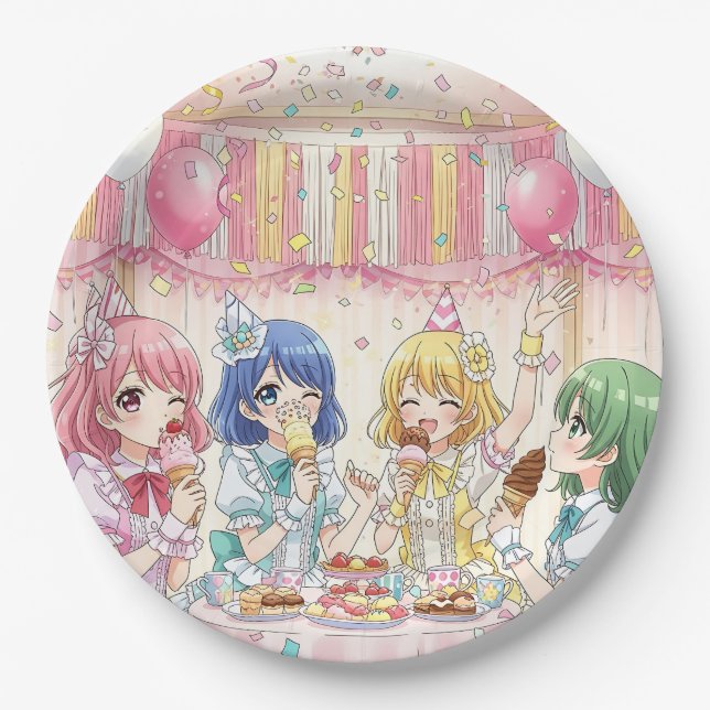 Prato De Papel Cute Anime Girl's Ice Cream Birthday Party   (Frente)