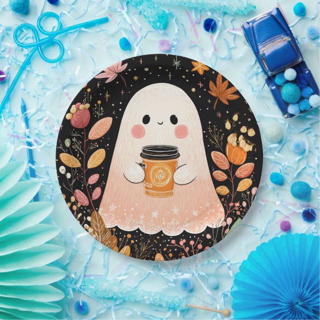 Prato De Papel Cute Autumn Ghost with Pumpkin Coffee – Cozy Fall  (Festa)