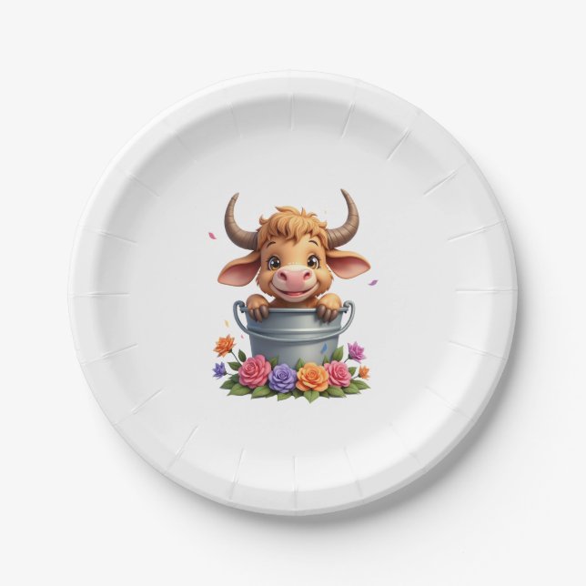 Prato De Papel Cute Baby Highland Cow With flowers Calf Animal co (Frente)