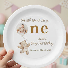 Prato De Papel Cute Bear First Birthday Photo Party Paper Plates