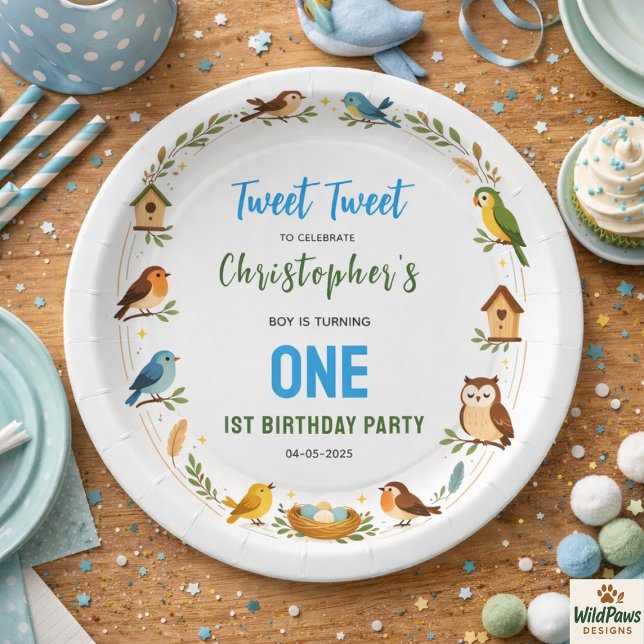 Prato De Papel Cute Birds 1st Birthday Party – Fun Kids  (Cute Birds 1st Birthday Party – Fun Kids Paper Plates
)