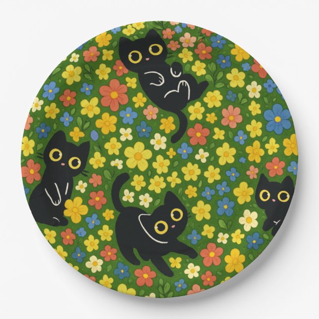 Prato De Papel Cute Black Cats Floral Meadow Pattern (Frente)
