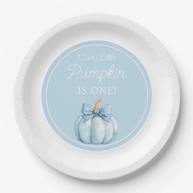 Prato De Papel Cute Blue Pumpkin Boy First Birthday (Frente)