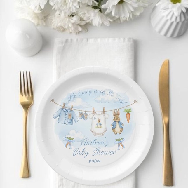 Prato De Papel Cute Bunny Boy Clothesline Baby Shower (Criador carregado)