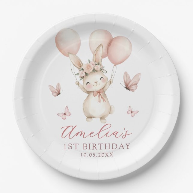 Prato De Papel Cute Bunny Girl Birthday Party Paper Plates (Frente)