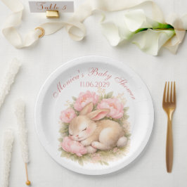 Prato De Papel Cute Bunny Rabbit Pink Blush Peony Baby Shower