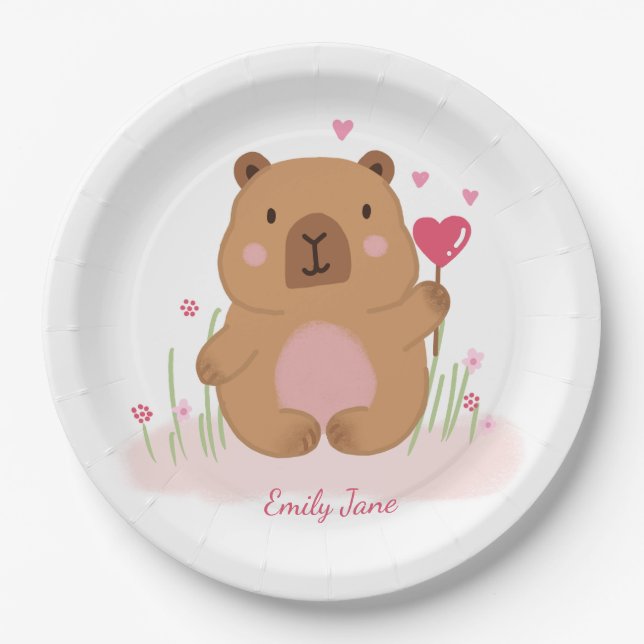 Prato De Papel Cute Capybara Personalized Pink Baby Shower  (Frente)