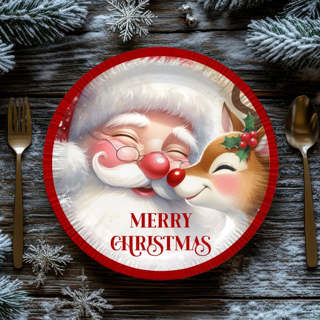 Prato De Papel Cute Cartoon Christmas Plates Santa and Rudolph (Cute Cartoon Christmas Plates Santa and Rudolph)