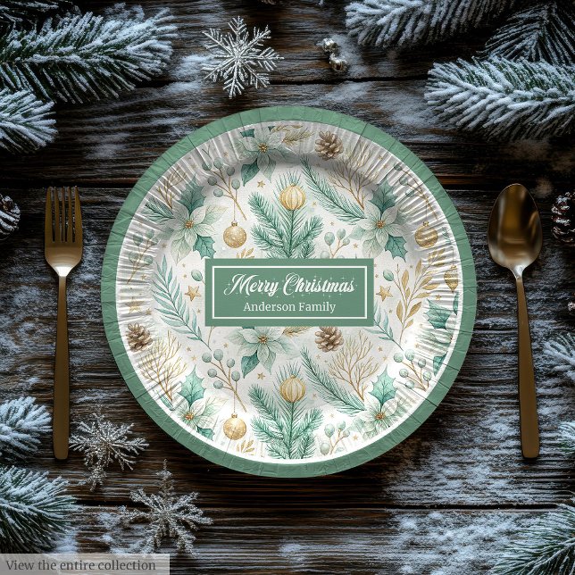 Prato De Papel Cute Christmas Paper Plates Pastel Sage and Gold (Cute Christmas Paper Plates Pastel Sage and Gold)