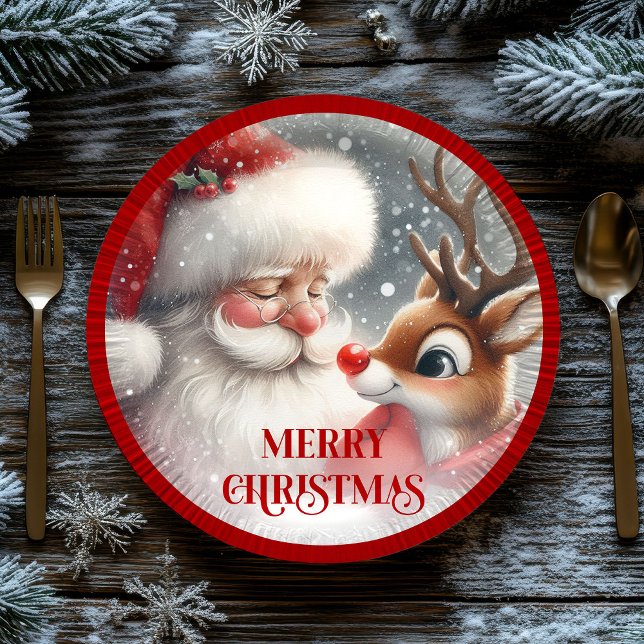 Prato De Papel Cute Christmas Santa and Rudolph Paper Plates (Cute Christmas Santa and Rudolph Paper Plates)