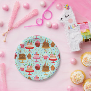 Prato De Papel Cute Colorful Birthday Cakes and Cupcakes on blue 