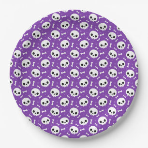 Prato De Papel Cute Crânio Roxo e Ossos Padrão de Halloween