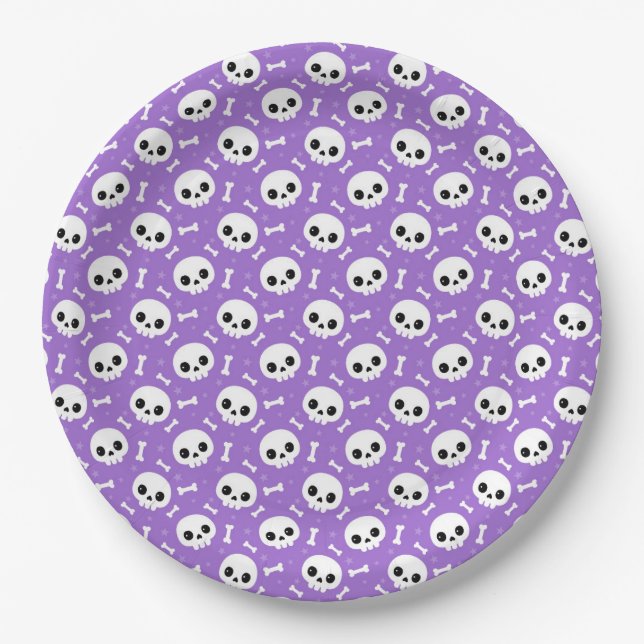Prato De Papel Cute Crânio Roxo e Ossos Padrão de Halloween (Frente)