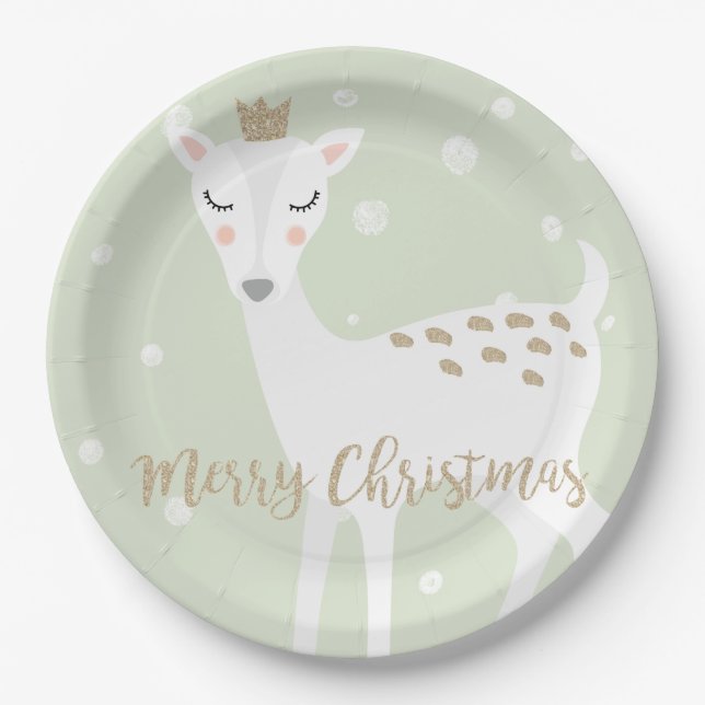 Prato De Papel Cute Deer | Sage Green | Natal (Frente)