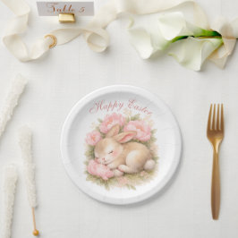 Prato De Papel Cute Easter Bunny Rabbit Pink Blush Peony