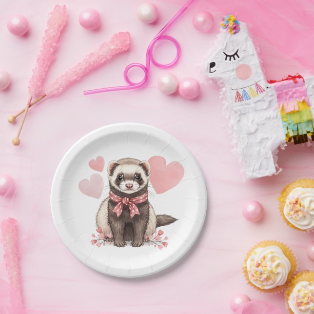 Prato De Papel Cute Ferret Kawaii Pink Hearts Illustration (Festa)