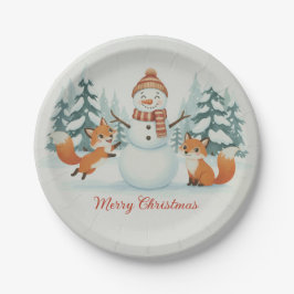 Prato De Papel Cute Foxes and Snowman Merry Christmas