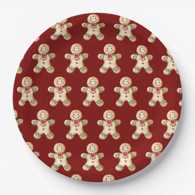 Prato De Papel Cute Gingerbread Red Christmas Paper Plate (Frente)