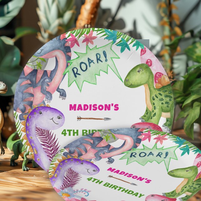 Prato De Papel Cute Girl Dinosaur 4th Birthday Party (Criador carregado)