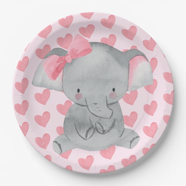 Prato De Papel Cute Girly Elephant Pink Bow Birthday Party  (Frente)
