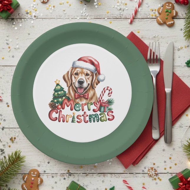 Prato De Papel Cute Golden Retriever Dog Christmas (Criador carregado)
