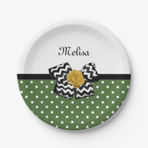 Prato De Papel Cute Green Dots Yellow Rose Chevron Arco e Nome