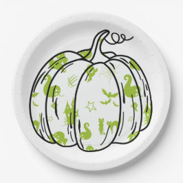 Prato De Papel Cute Green Halloween Icons in Pumpkin