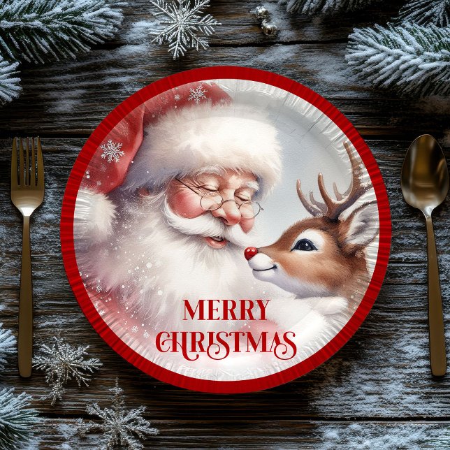 Prato De Papel Cute Holiday Party Plates Santa and Rudolph (Cute Holiday Party Plates Santa and Rudolph)