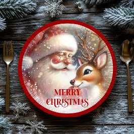 Prato De Papel Cute Holiday Plates with Cartoon Santa and Rudolph