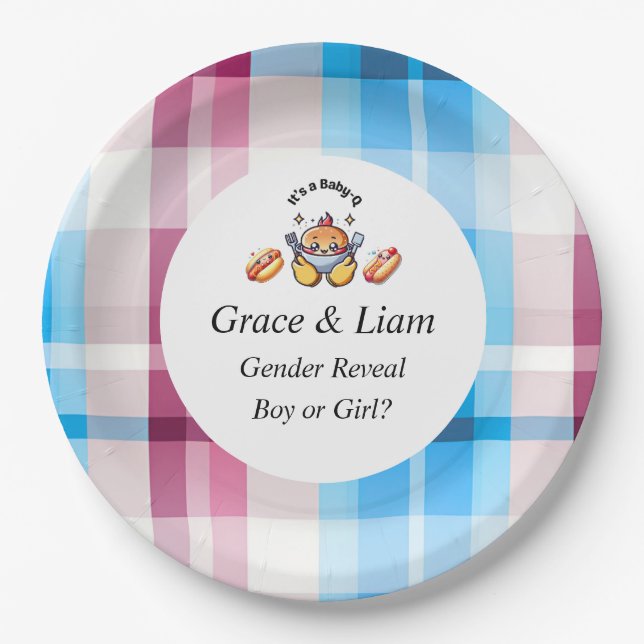 Prato De Papel Cute Kawaii Baby-Q Gender Reveal Party (Frente)