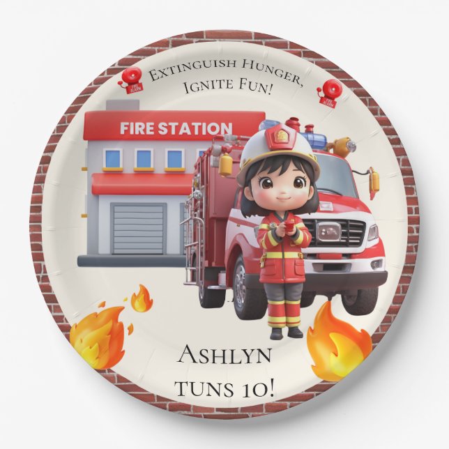 Prato De Papel Cute Kawaii Firefighter Girl and Fire Truck (Frente)