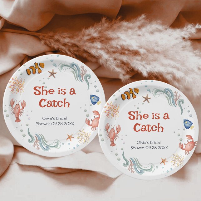 Prato De Papel Cute Lobster She is a Catch Bridal Shower (Criador carregado)