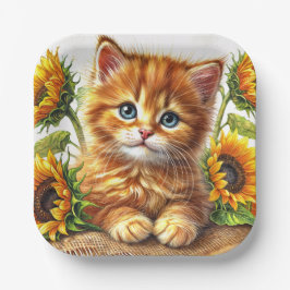 Prato De Papel Cute Orange Kitten Among Sunflowers