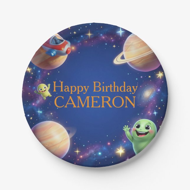 Prato De Papel Cute Outer Space Aliens Birthday Party (Frente)