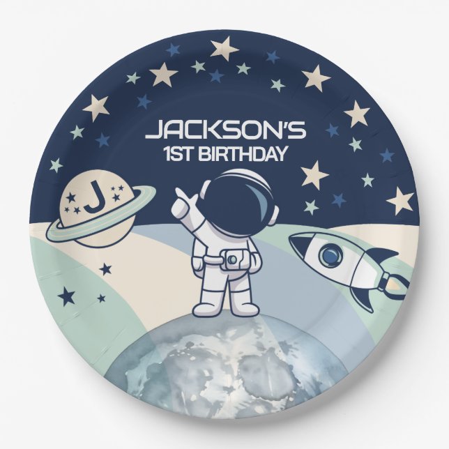 Prato De Papel Cute Outer Space Astronaut Birthday (Frente)
