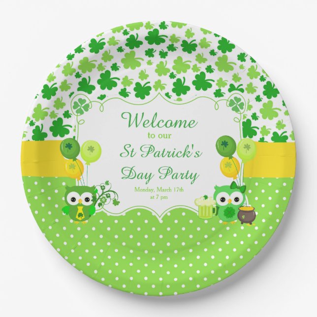 Prato De Papel Cute Owls St Patrick's Day Party (Frente)