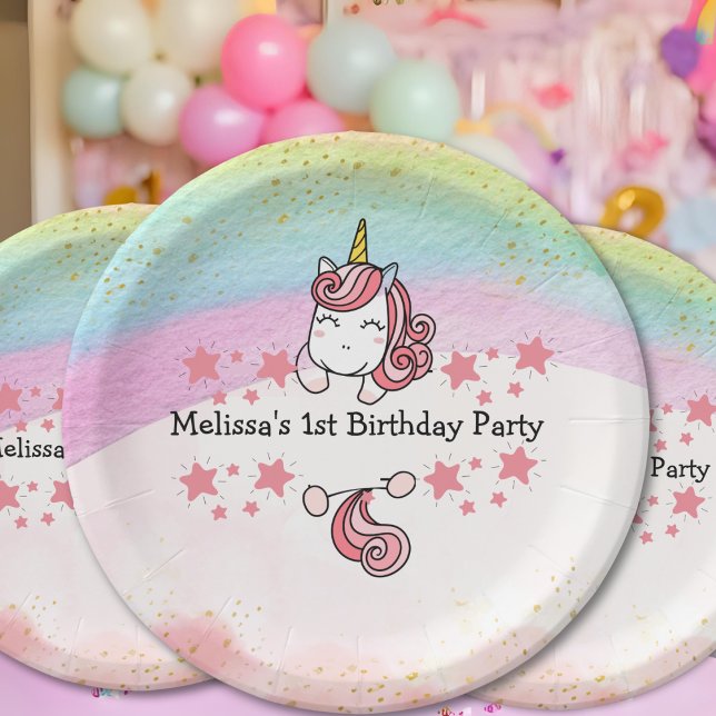 Prato De Papel Cute Pastel Unicorn & Rainbow Birthday Party (Criador carregado)