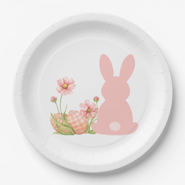 Prato De Papel Cute Pink Easter Bunny with Spring Flowers  (Frente)