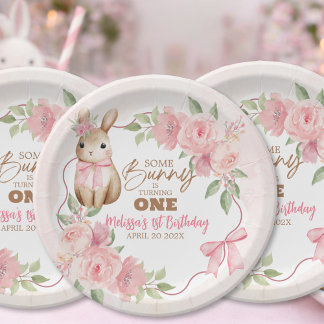 Prato De Papel Cute Pink Floral Some Bunny Turning One Birthday 