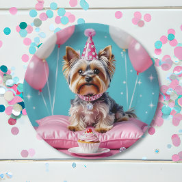 Prato De Papel Cute Pink Yorkie Birthday